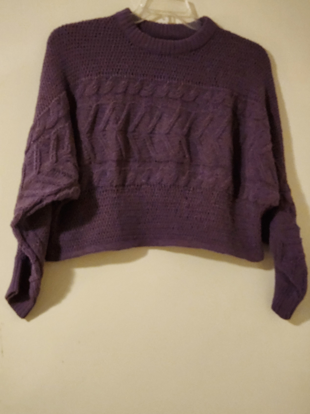 Planet Heart Cozy Boho Purple Cable Knit Crewneck Sweater Dolman Sleeves L